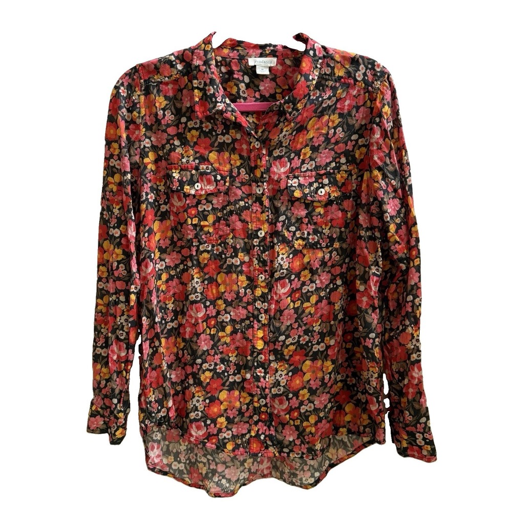 Sundance Dark Floral Button Down Top Long Sleeve M Cotton Red Orange Botanical
